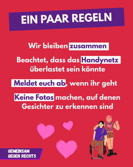 Sharepic "Ein paar Regeln - Wir bleiben zusammen - Beachtet, dass das Handy-Netz überlastet sein könnte - Meldet euch ab, wenn ihr geht - Keine Fotos machen, auf denen Gesichter zu erkennen sind"