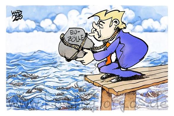 Karikatur: Trump steht auf einem kleinen Steg über dem Meer, um den Hals hat er einen großen Stein (EU-Zölle) gebunden
