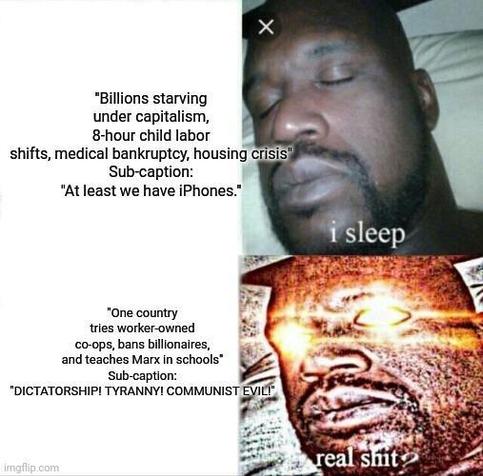 i sleep:

"Billions starving under capitalism, 8-hour child labor shifts, medical bankruptcy, housing crisis" Sub-caption: "At least we have iPhones."

real shit:

"One country tries worker-owned co-ops, bans billionaires, and teaches Marx in schools." Sub-caption: "DICTATORSHIP! TYRANNY! COMMUNIST EVIL!"