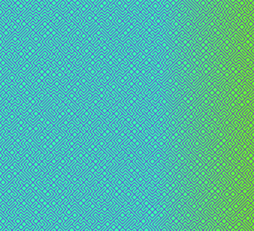 A colorful maze, generated using the 10print method. Picture generation details: screen height: 928, screen width: 1021, primary background color #77FF00, primary line color: #7700FF, using gradient mask mask24.png, gradient background color #3AFBB2, square: 12, width: 2, radiusB: 0, radiusW: 2, effect: 4