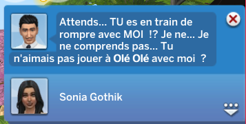 Capture d'écran des Sims 4, annonçant la rupture entre Sonia et Vladimir. 