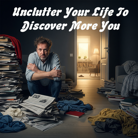 It depicts a person surrounded by clutter, looking overwhelmed, with a glimpse of an organized space in the distance.