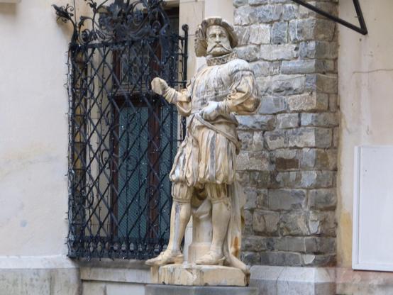 Decoration detail of a medieval soldier on Peleș Castle, in the Royal Domain of Sinaia in the Carpathian Mountains, Romania.