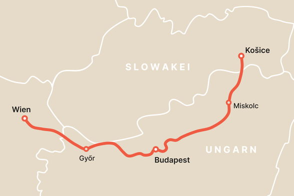 Karte: Von Kosice nach Wien über Budapest