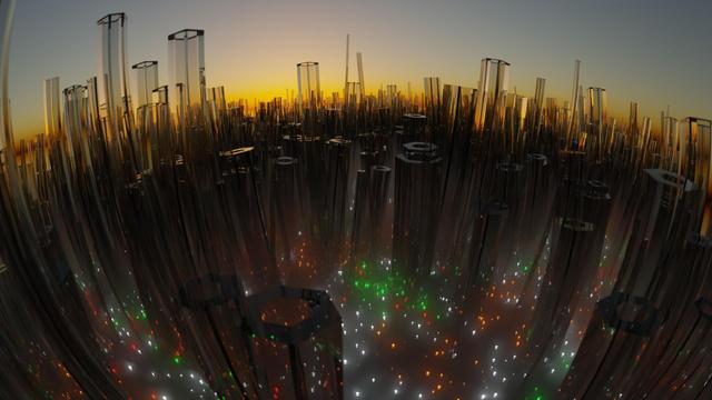 Alt text

A Blender render of an abstract landscape. The sky is an empty late sunset, fading into twilight. Below is a plane with scattered lights, green, red, and white, in fog. Hexagonal crystal towars of different sizes reach for the sky. Our viewpoint is almost at the top of the highest towers.