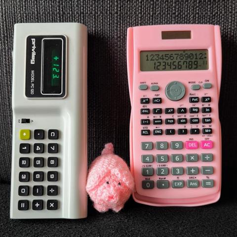 Ein haekelschwein zwischen zwei Taschenrechnern. Links ein Modell aus dem Jahr 1973, das nur die Grundrechenarten beherrscht und nur drei Ziffern gleichzeitig darstellen kann. Rechts ein neu gekaufter rosafarbiger wissenschaftlicher Taschenrechner mit hunderten von Funktionen.