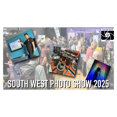 A promotional graphic for the South West Photo Show 2025 featuring a collage of event scenes, including people interacting at booths, camera equipment, and colorful lighting setups