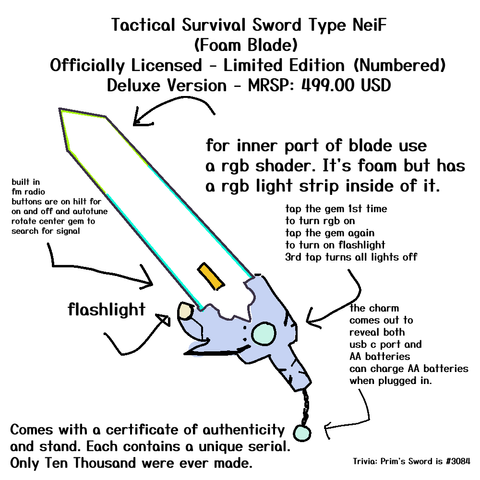 Tactical Survival Sword Type NeiF
(Foam Blade)
Officially Licensed - Limited Edition (Numbered)
Deluxe Version - MRSP: 499.00 USD

A foam sword used during the zombie apocalypse as a survival tool. 

Everything you need to survive the end of days you learned in larps.