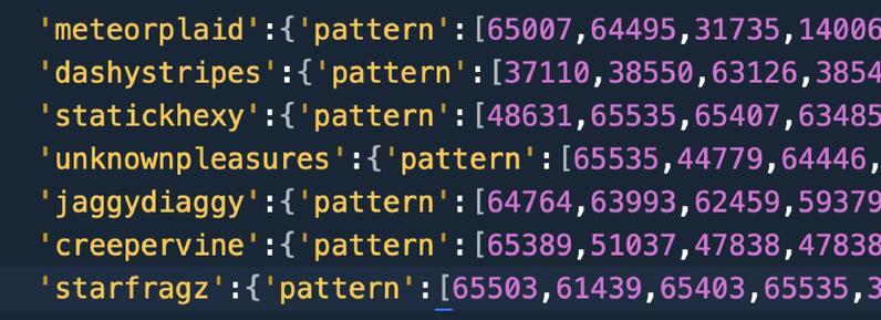a screencap of a JSON data object showing goofy key names followed by arrays of numerical data. goofy names are as follows: 'meteorplaid', 'dashystripes':, 'statickhexy', 'unknownpleasures', 'jaggydiaggy', 'creepervine', 'starfragz'