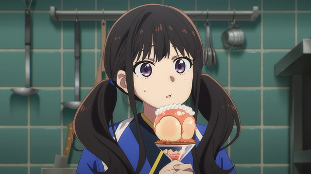 Takina showing off her latest menu creation from the anime ONA Lycoris Recoil: Friends Are Thieves of Time.