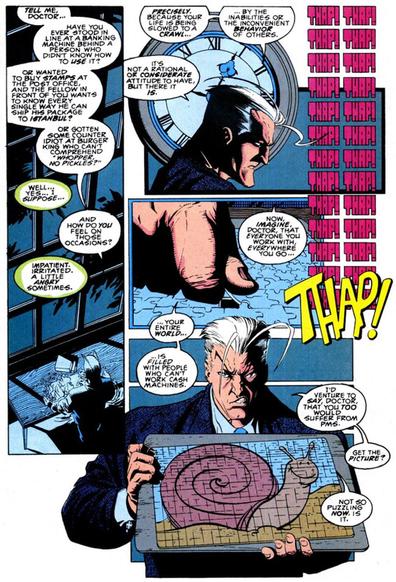 A wordy page from X-Factor 87, written by Peter David and drawn by Joe Quesada, in which Quicksilver explains just what his deal is and asks how it would feel if it seemed like we were going through life stuck behind someone who didn’t know how to use an ATM
