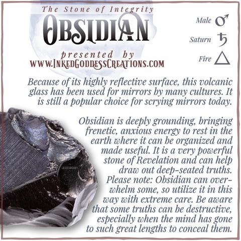 A raw chunk of obsidian sits against a white background. The text explains obsidian's metaphysical correspondences, some trivia about it, and ways to use it in your magickal practice. Presented by Inked Goddess Creations.