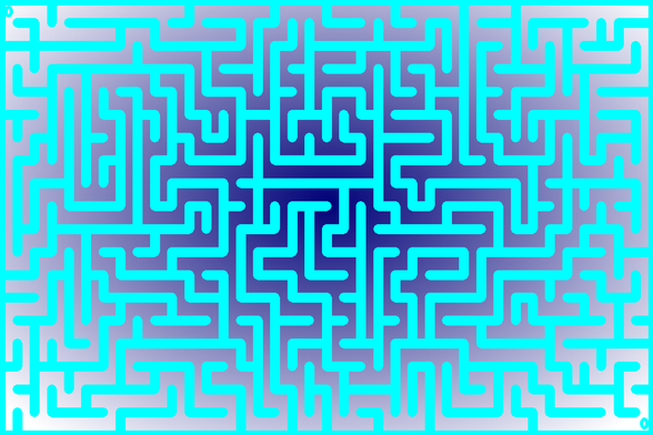 A colorful autogenerated maze. Picture generation details: screen height: 871, screen width: 1306, primary background color #FFFFFF, primary line color: #00FFFF, using gradient mask mask14.png, gradient background color #000077, square: 36, width: 14, radiusB: 9, radiusW: 7, effect: 11
