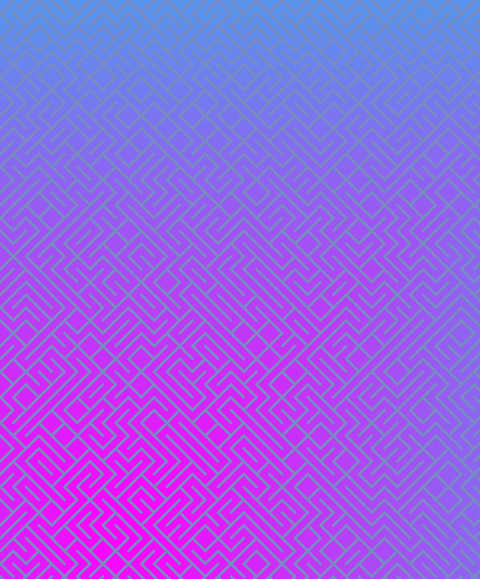 A colorful maze, generated using the 10print method. Picture generation details: screen height: 1085, screen width: 899, primary background color #5992EB, primary line color: #798BC2, using gradient mask mask18.png, gradient background color #FF00FF, square: 24, width: 6, radiusB: 2, radiusW: 6, effect: 14