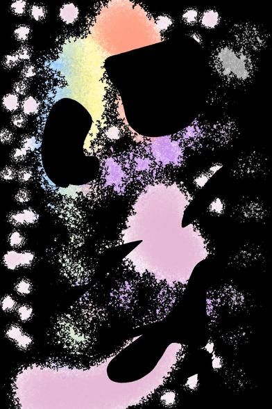 pink and white random shapes on a black background