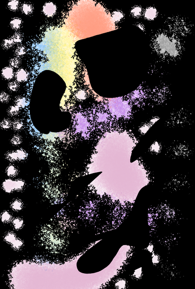 Faded pink and white random shapes on a black background