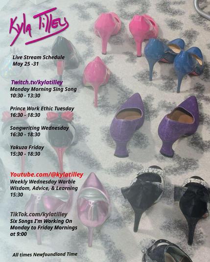 A bunch of high heeled shoes standing on a white leopard print rug. They are mostly in shades of pink, blue, and purple, but a couple are red and black (with red bows and hearts respectively) and one pair is black and white with black bows on the back, and skull teeth on the open toes.  Live stream schedule for May 26-30:

Twitch.tv/kylatilley 
Monday Morning Sing Song
10:30-13:30
Prince Work Ethic Tuesday
16:30-18:30
Wednesday Songwriting
16:30-18:30
Friday Yakuza
15:30-18:30

Youtube.com/@kylatilley
Weekly Wednesday Warble: Wisdom, Advice, & Learning
15:30

TikTok.com/@kylatilley
Six Songs I'm Working On
Monday to Friday Mornings 9:00

All times posted in Newfoundland Time
