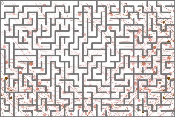 A colorful autogenerated maze. Picture generation details: screen height: 841, screen width: 1261, primary background color #000000, primary line color: #777777, using gradient mask mask30.png, gradient background color #785205, square: 10, width: 4, radiusB: 1, radiusW: 2, effect: 7