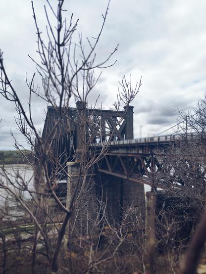 Vista del puente de Québec, en remache de acero, desde la parte más al oeste de la ciudad que pude encontrar. Algunos árboles deshojados enmarcan la imagen. Es un día nublado, más bien  gris.