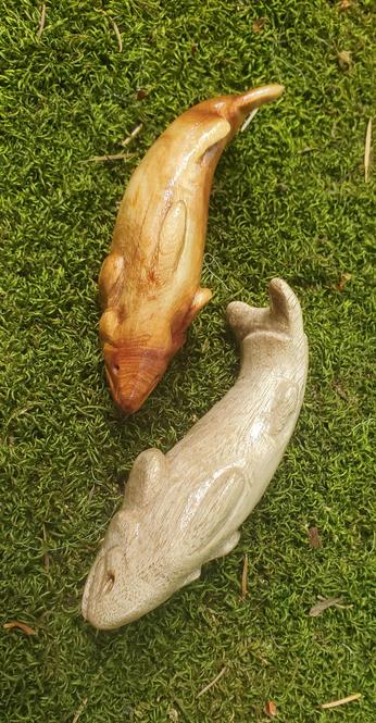 freshly oiled pair of small, carved, wooden trouts. one is redwood and the other is silvery bay laurel