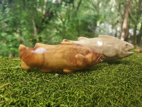 another view of a pair of freshly oiled wooden trouts