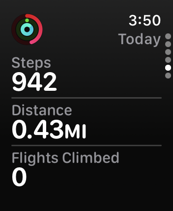 Screenshot of the I watch circles app showing I’ve taken 942 steps in total today.