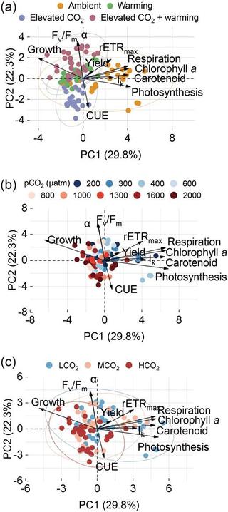 The PCAs of multiple traits of Phaeodactylum tricornutum Bohlin populations among different regimes (a), individual CO2 levels (b) or CO2 clusters (c).