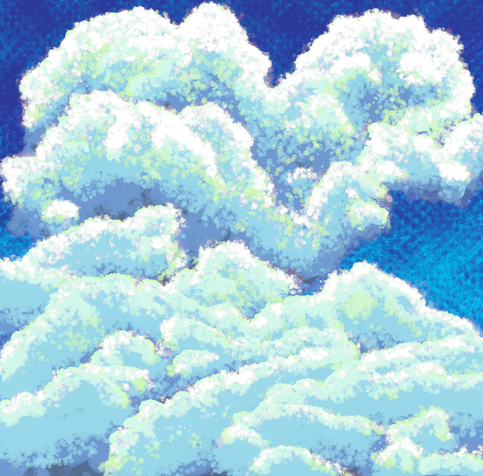 A digital painting of clouds billowing in a vibrant blue sky. The strokes are all tiny circles, giving the clouds a fuzzy quality. The clouds are a whitish-greyish blue, but some especially-illuminated parts have flecks of red, yellow, and green.