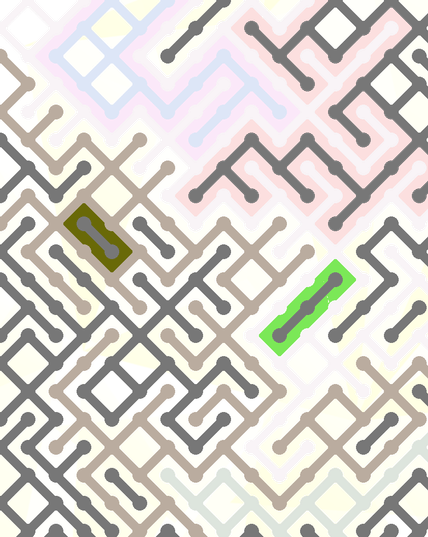A colorful maze, generated using the 10print method. Picture generation details: screen height: 1057, screen width: 843, primary background color #FFFFFF, primary line color: #777777, using gradient mask mask43.png, gradient background color #FFFFBA, square: 55, width: 19, radiusB: 14, radiusW: 19, effect: 14