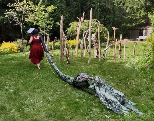 Artist Emily van Lidth de Jeude is walking along a lawn dragging an enormous bull-kelp made of garbage (drainage pipes, tarp, rope, and a buoy). She has brown hair and is wearing a red dress and pants, and is also carrying a small sign on a standard. In the background is a small forest of driftwood logs, standing on end.