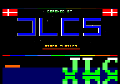 Screenshot of "Teenage Mutant Hero Turtles" - Crack: Jørn Lorentzen Cracking Service (JLCS) - Published by Image Works on Amstrad CPC (1990)