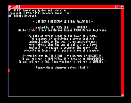 Screenshot of "Jupiter's Masterdrive" - Crack: Quartex (QTX) - Published by Ubi Soft on Commodore Amiga (1990)