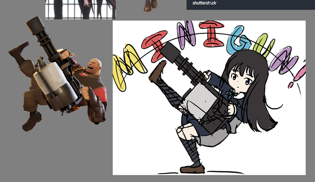 Screenshot of a rough drawing of Takina Inoue kicking out her right foot while holding a minigun. There is the text "MINIGUN!" behind her. She is next to a reference image of Heavy from TF2 making the same pose.