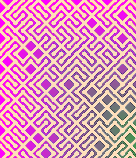 A colorful maze, generated using the 10print method. Picture generation details: screen height: 968, screen width: 835, primary background color #FF00FF, primary line color: #FFDFBA, using gradient mask mask17.png, gradient background color #27AC34, square: 47, width: 19, radiusB: 14, radiusW: 19, effect: 3