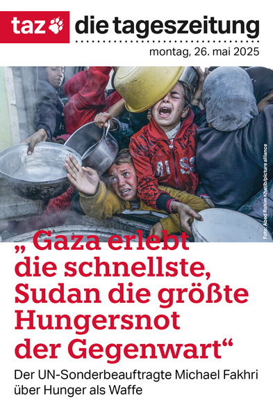 Zu sehen sind mehrere Kinder die sich mit leeren Töpfen aneinander vorbeidrängen um Essen zu bekommen. Ihre Gesichter sind voller Verzweiflung. 

"Gaza erlebt die schnellste, Sudan die größte Hungersnot der Gegenwart" Der UN-Sonderbeauftragte Michael Fakhri über Hunger als Waffe 