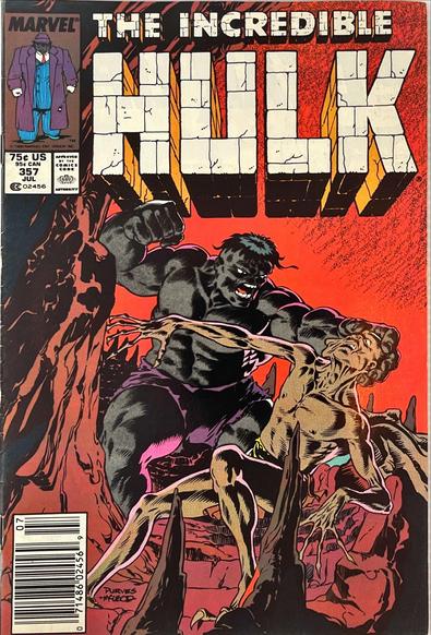 The Incredible Hulk #357 (Jul 1989) – Against a red, stalactite‑filled cavern backdrop, the gray Hulk in purple trunks smashes a gaunt, long‑limbed creature with a raised fist.