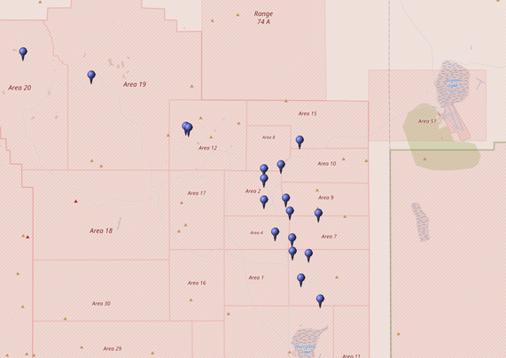 Kartierung aller Koordinaten von "Operation Phalanx (Atomtest)" im Testgebiet Nevada (Nevada National Security Site, NNSS)
Quelle: OpenStreetMap
Lizenz: Open Data Commons Open Database-Lizenz (ODbL)