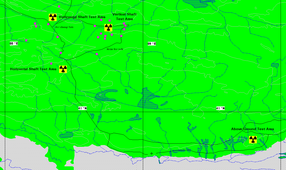 Kernwaffentestgelände Lop Nor (China) "21 Base", 41°30'N 88°30'E
Quelle: https://nuke.fas.org/guide/china/facility/lop_nor.htm