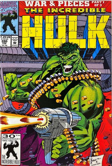 Incredible Hulk #390 (Feb 1992, Peter David) – Green Hulk grimaces while unleashing a torrent from an oversized chain‑fed rotary cannon, brass casings and looping ammo belt scattering across a magenta battle scene; cracked‑stone yellow “HULK” logo sits under the red “War & Pieces Part 1 of 3” banner, with a 30th‑anniversary silhouette box at lower left and Dale Keown & Mark Farmer signature at lower right.