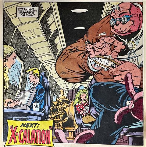 Incredible Hulk #390 interior final page – Inside a military transport jet, Guido “Strong Guy” Carosella, goggles perched on his nose, delicately stitches a lace doily while wearing his own giant pink bunny slippers. Directly behind him sit the rest of X‑Factor—Havok focused on a console, Polaris reading a magazine, Multiple Man and Wolfsbane chatting across the aisle, and Quicksilver visible in the far back row. Up front, their government handler Dr. Valerie “Val” Cooper types at a laptop. Caption box at bottom right tees up the next chapter: “NEXT: X‑calation.”