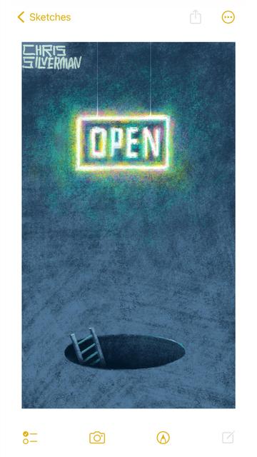 A dark, grim space that shows a concrete floor and nothing else. In the middle of the concrete floor is a neatly drilled hole, like a manhole without a cover. A ladder protrudes from the darkness of the hole. Beyond, the room extends into darkness. Hanging from above is a glowing sign with white letters. While the glow is predominantly white, it ranges across a number of different colors: yellow, green, pink. The letters say "Open". The painting is signed "Chris Silverman".