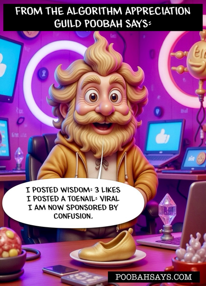 A surreal digital art scene of Poobah in a messy influencer studio. He’s wearing a confused expression, surrounded by absurd props (a shoe on a plate, a golden toenail in a crystal case, a laptop). The room is cluttered with broken ring lights, dozens of tangled charging cables, and screens showing random social media likes and emojis floating around. The style is 3D cartoon surrealism, vibrant but chaotic, with humorous exaggeration. Centre composition, full body Poobah in focus, visual padding top and bottom for Instagram. Clean lighting, pastel background tones with digital glitches subtly woven in.