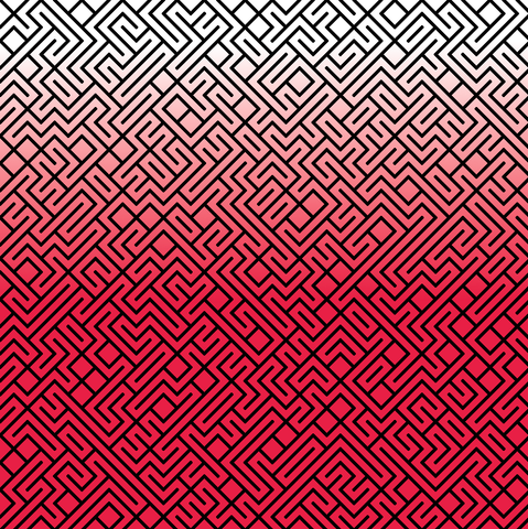 A colorful maze, generated using the 10print method. Picture generation details: screen height: 1012, screen width: 1009, primary background color #000077, primary line color: #000000, using gradient mask mask25.png, gradient background color #E81F45, square: 26, width: 7, radiusB: 3, radiusW: 7, effect: 8