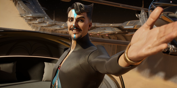 Cena do episódio The Screaming of the Tyrannosaur da série Love, Death & Robots. Um homem com expressão confiante e sorridente estende o braço em direção à câmera, como se estivesse convidando alguém a segui-lo. Ele tem cabelo estilizado, barba desenhada e uma faixa vertical azul que atravessa seu rosto. Usa uma roupa futurista preta e um bracelete dourado no pulso. Ao fundo, há uma nave espacial sofisticada em um ambiente desértico com céu estrelado. O estilo visual é altamente detalhado e realista, com forte inspiração em ficção científica.