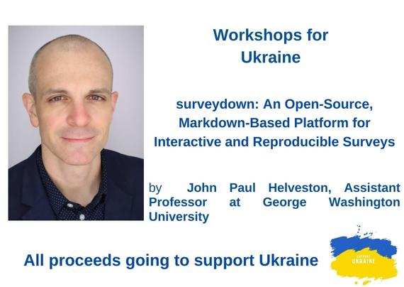 Poster with speaker's photo and talk details, stating that all proceeds going to support Ukraine 