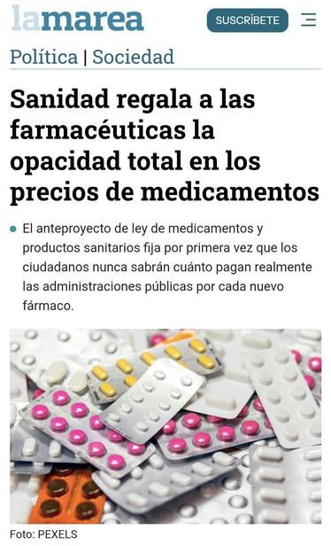 "Sanidad regala a las farmacéuticas la opacidad total en los precios de los medicamentos", vía La Marea.