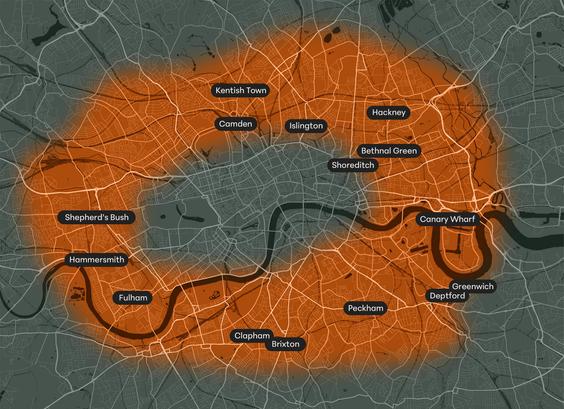 A map of London highlighting travel zone 2.