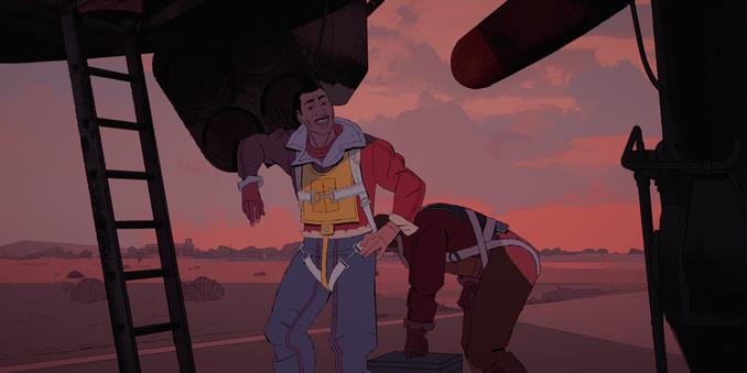 Cena do episódio How Zeke Got Religion da série Love, Death & Robots. Em destaque, o personagem Zeke aparece sorridente, vestindo jaqueta vermelha com gola de pele, colete salva-vidas amarelo e equipamento de voo. Ele está em pé ao lado de uma escada metálica presa a uma aeronave, com o braço esquerdo apoiado em sua lateral. Ao fundo, um segundo personagem se inclina sobre uma caixa, parcialmente fora de foco. O céu está tingido de tons alaranjados e rosados, sugerindo o entardecer em um ambiente desértico. O estilo visual da cena remete a uma animação desenhada à mão, com cores suaves e atmosfera nostálgica.