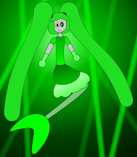 Drawing of Technetium as a green mermaid. The background has a green gradient with a few beams of green light here and there.
