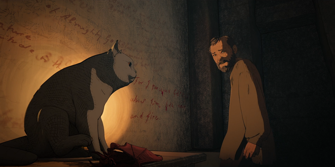 Cena do episódio For He Can Creep, da série Love, Death & Robots. À esquerda da imagem, um gato grande de pelagem escura com a barriga clara está sentado em uma mesa, encarando um homem. Seus olhos brilham em vermelho, e ele está iluminado por uma luz amarelada vinda do fundo, que destaca sua silhueta e projeta uma atmosfera dramática. À sua frente, há um pequeno tecido vermelho, possivelmente um manto. No fundo, uma parede com inscrições manchadas em vermelho reforça o tom sombrio da cena. À direita, o homem de barba e expressão preocupada observa o gato, parcialmente envolto na escuridão.